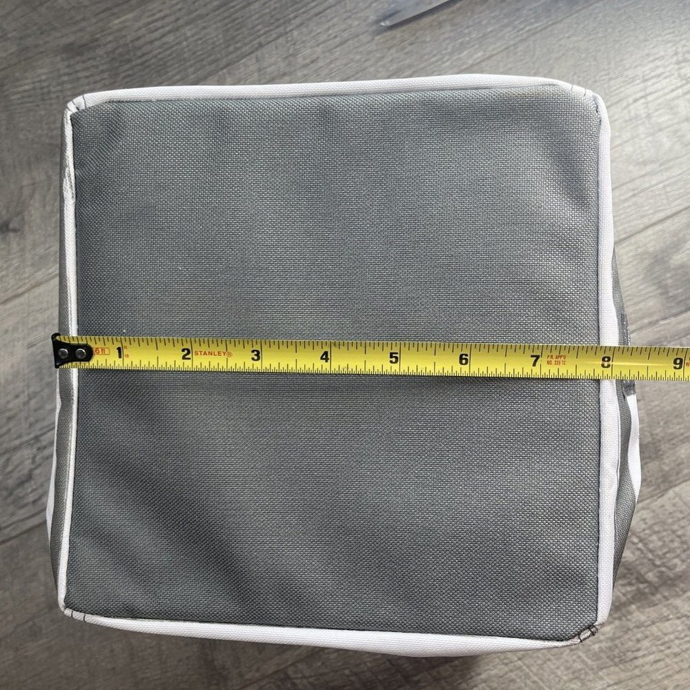 Thirty One Mini Storage Bin Tote Gray White Brush Strokes Collapsible Round NEW - Picture 7 of 8